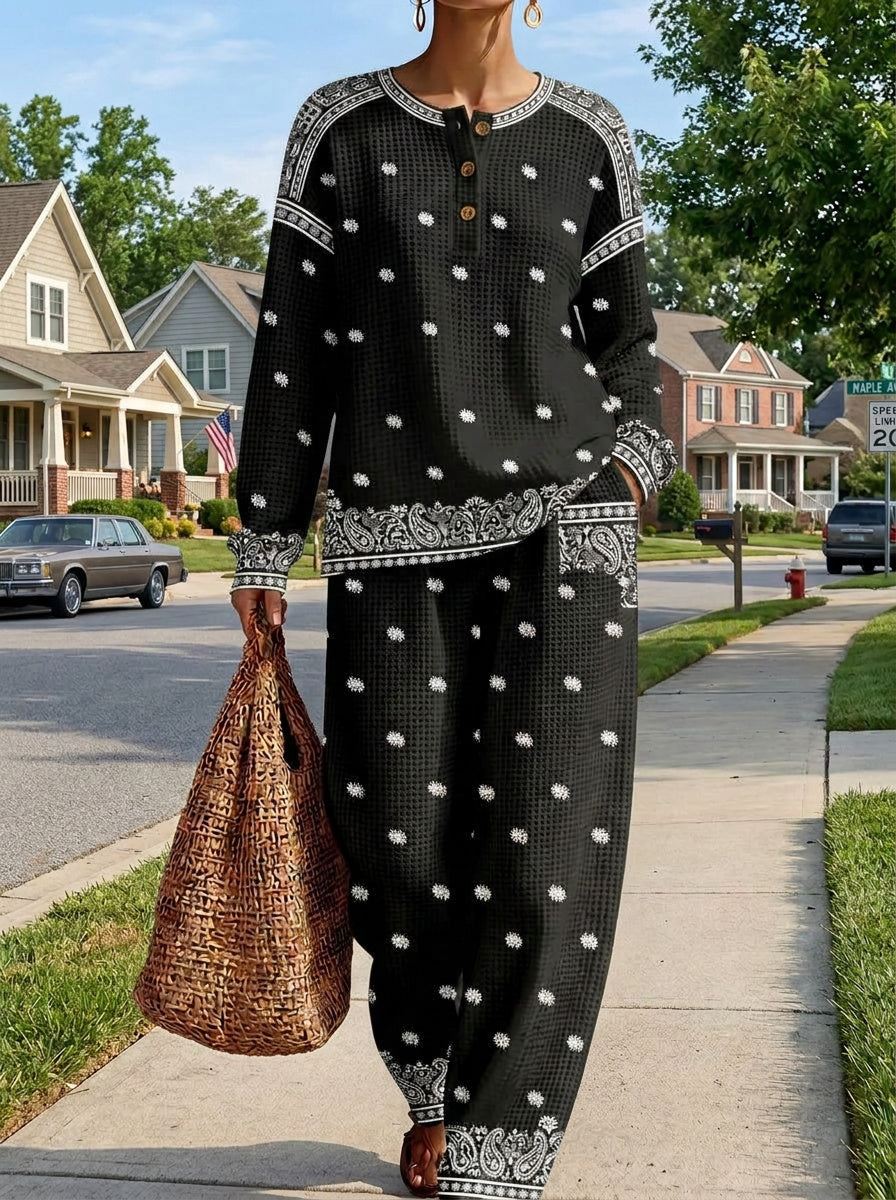 Womens Waffle Texture Black Bandana Print Two Piece Set