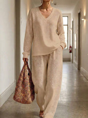 Womens Waffle Texture V Neck Two Piece Set