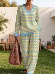 Womens Waffle Texture Wave Stripe Two Piece Set