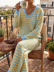Womens Waffle Texture Wave Stripe Two Piece Set