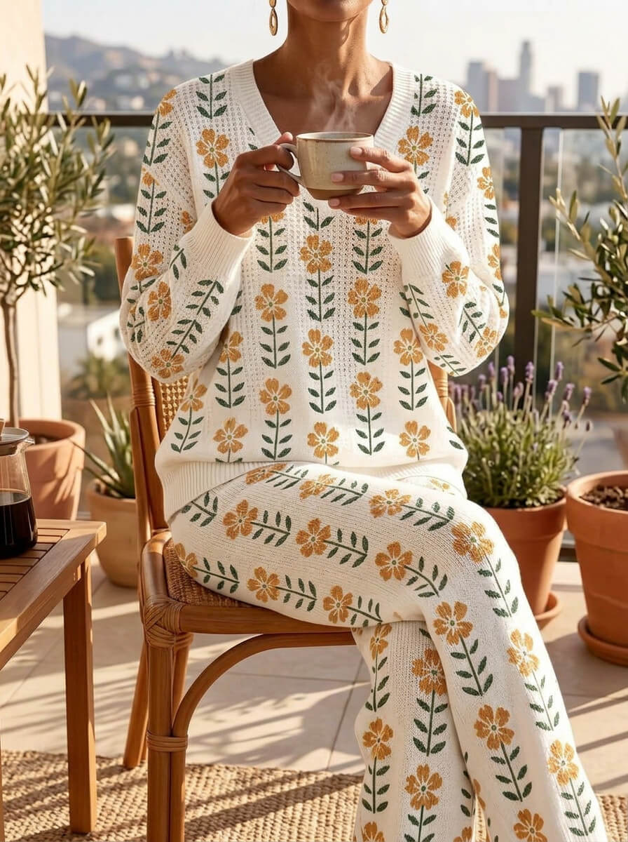 Womens Waffle Texture Floral Print Two Piece Set