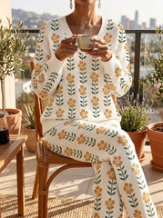 Womens Waffle Texture Floral Print Two Piece Set