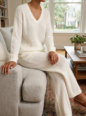 Womens Waffle Texture V Neck Two Piece Set