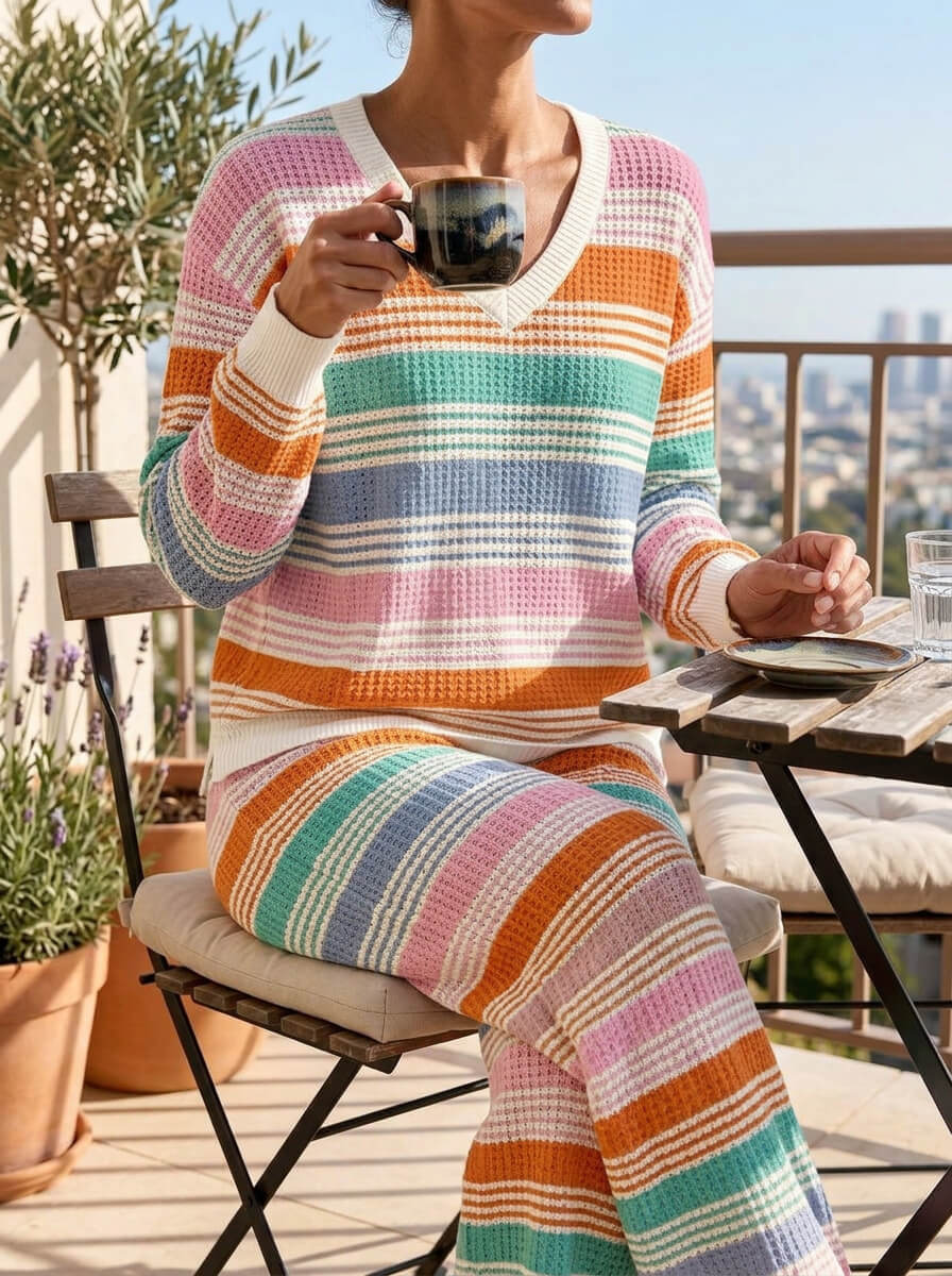 Womens Waffle Texture Multi Stripe Two Piece Set
