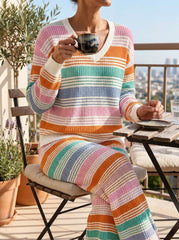 Womens Waffle Texture Multi Stripe Two Piece Set