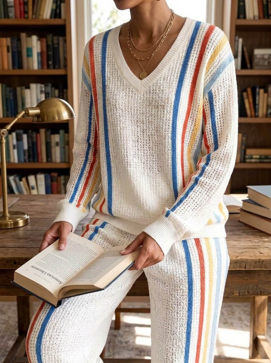 Womens Waffle Texture Vertical Stripe Two Piece Set