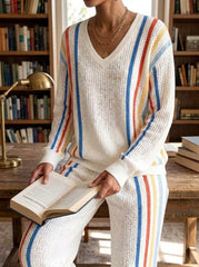 Womens Waffle Texture Vertical Stripe Two Piece Set