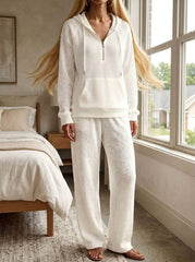 Womens Waffle Texture Casual Zip Hoodie Lounge Set