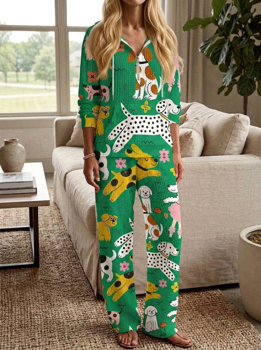 Womens Waffle Texture Green Dog Print Casual Hoodie Set