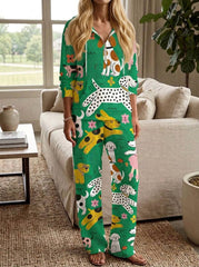 Womens Waffle Texture Green Dog Print Casual Hoodie Set