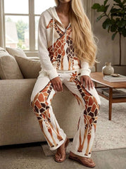Womens Waffle Texture Giraffe Print Casual Hoodie Set