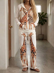 Womens Waffle Texture Giraffe Print Casual Hoodie Set