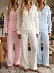 Womens Waffle Texture Casual Zip Hoodie Lounge Set