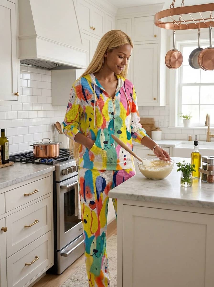 Womens Waffle Texture Colorful Dog Print Casual Lounge Set