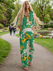 Womens Waffle Texture Green Dog Print Casual Hoodie Set
