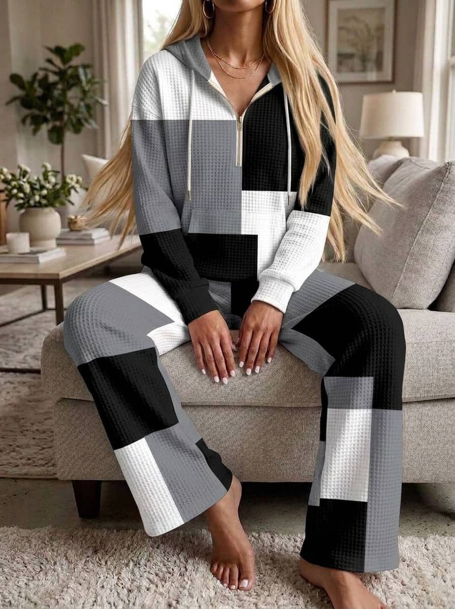 Womens Waffle Texture Color Block Casual Hoodie Set