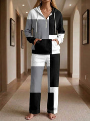 Womens Waffle Texture Color Block Casual Hoodie Set