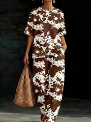 Womens Waffle Texture Cow Print Two Piece Set