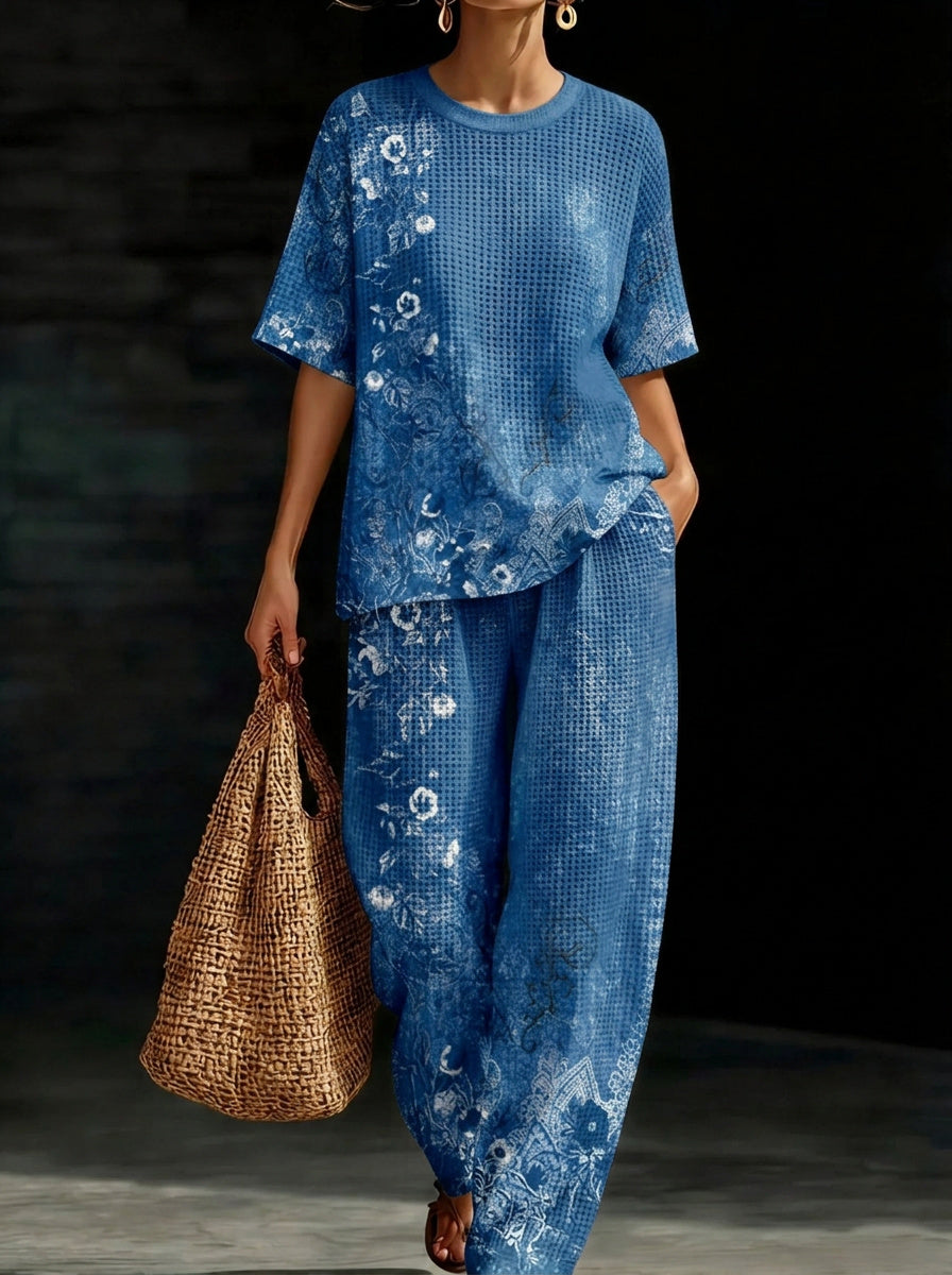 Womens Waffle Texture Blue Floral Two Piece Set