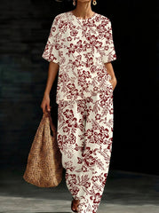 Womens Waffle Texture Burgundy Floral Two Piece Set