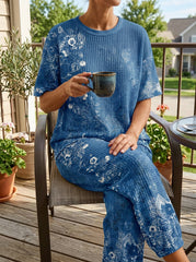 Womens Waffle Texture Blue Floral Two Piece Set
