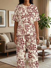 Womens Waffle Texture Burgundy Floral Two Piece Set