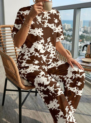 Womens Waffle Texture Cow Print Two Piece Set