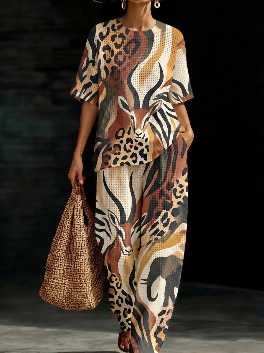 Womens Waffle Texture Safari Animal Print Two Piece Set