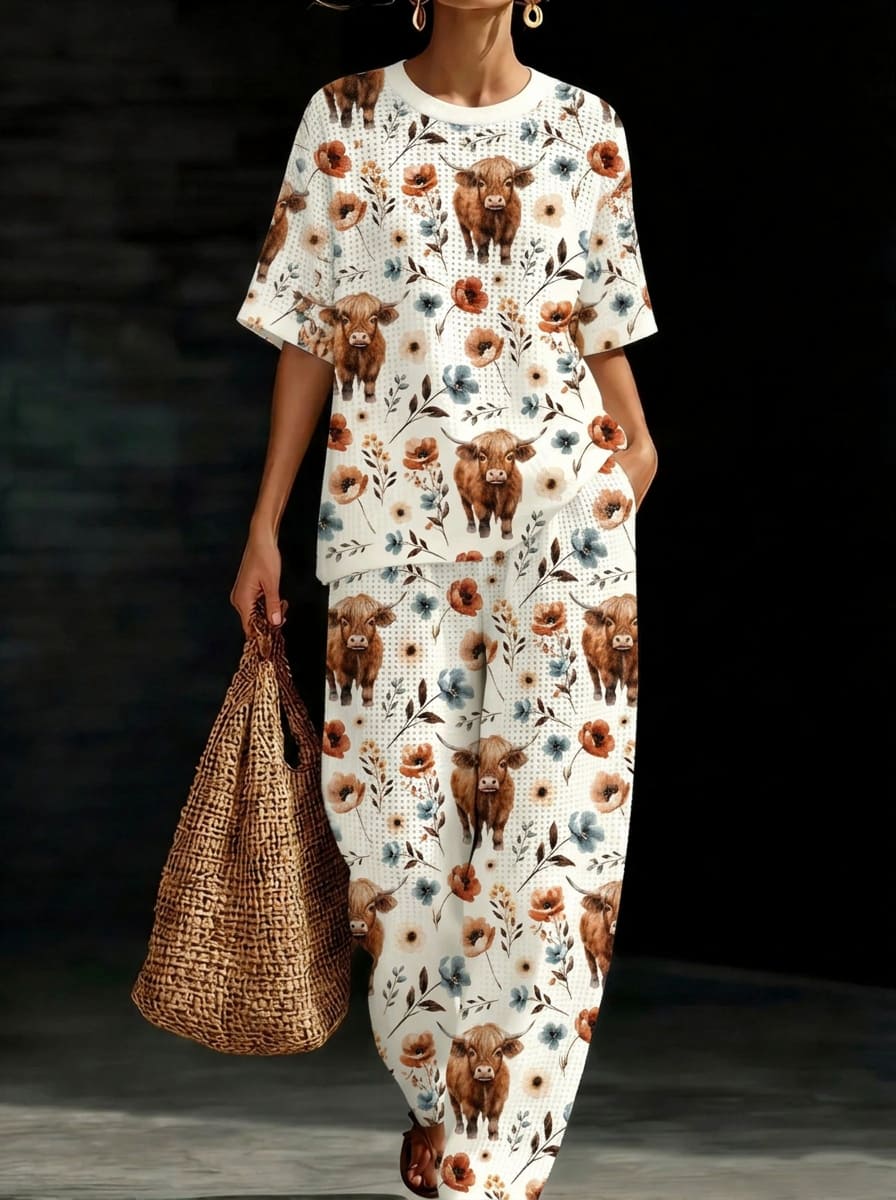 Womens Waffle Texture Highland Cow Print Two Piece Set