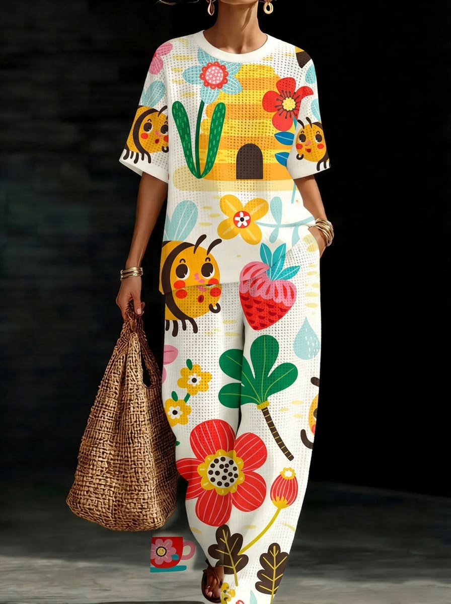 Womens Waffle Texture Bee Floral Print Two Piece Set
