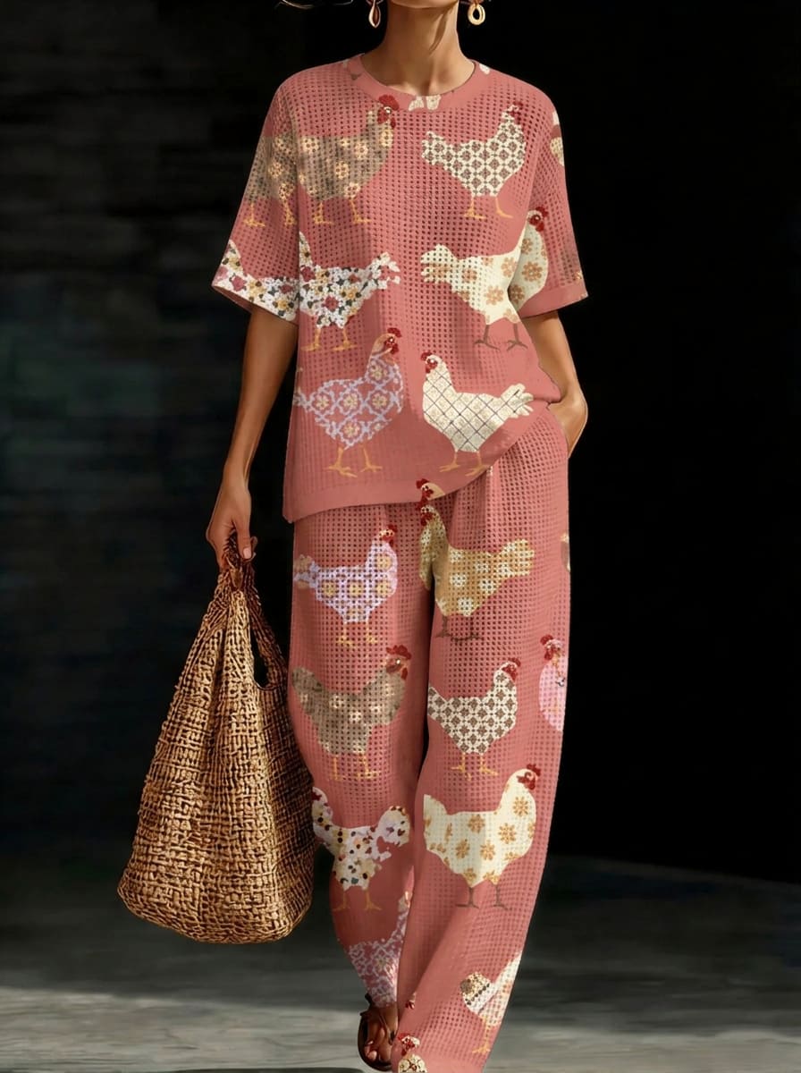 Womens Waffle Texture Pink Chicken Print Two Piece Set