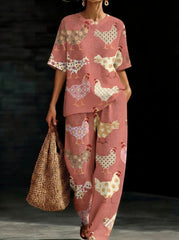 Womens Waffle Texture Pink Chicken Print Two Piece Set