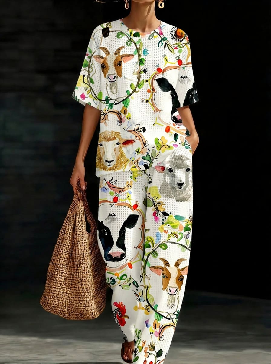 Womens Waffle Texture Farm Animal Print Two Piece Set