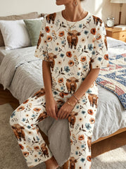 Womens Waffle Texture Highland Cow Print Two Piece Set