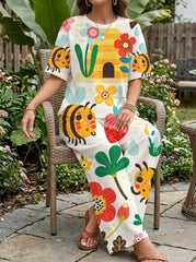 Womens Waffle Texture Bee Floral Print Two Piece Set