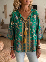 Women's Vintage Floral Print V-neck Casual Loose Cotton-linen Top