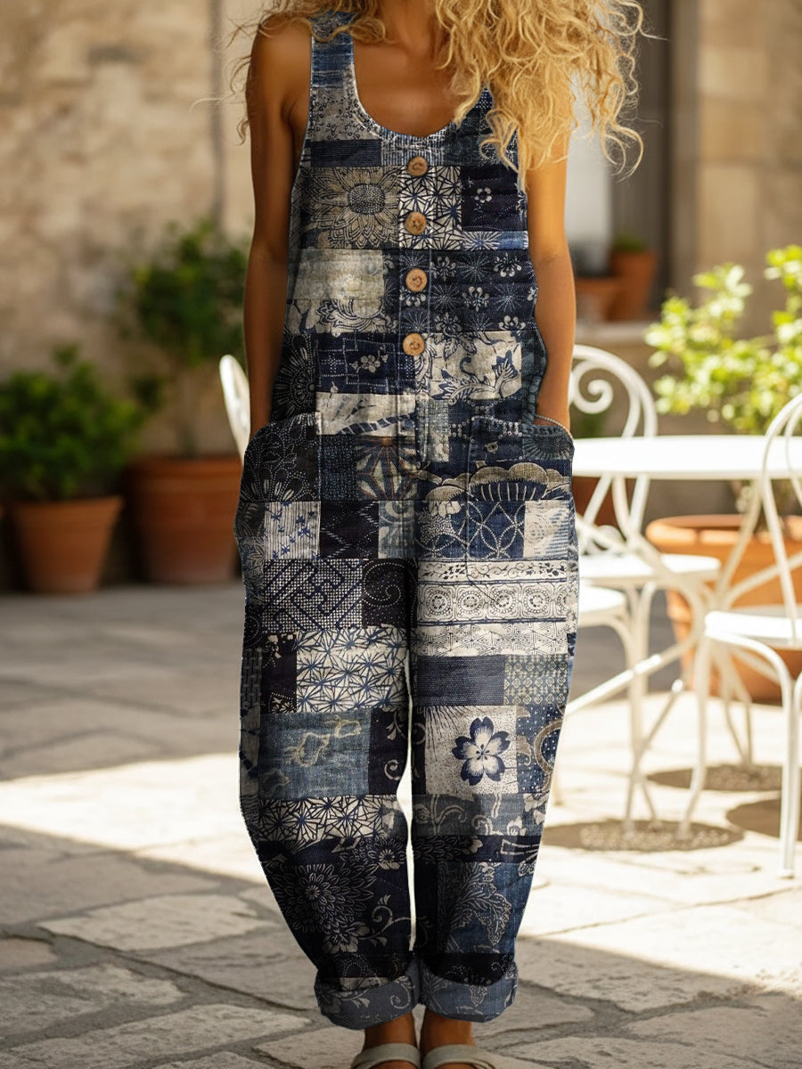 🔥Buy 2 Get 1 FREE – Code: 3FREE | Women's Patchwork Pattern Print Casual Denim Jumpsuit