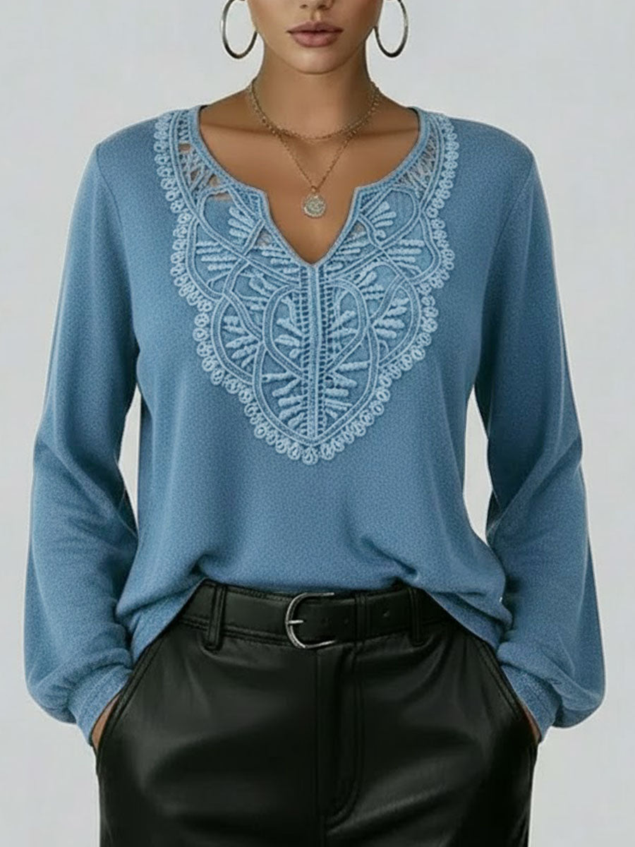 Women's V-neck Long-sleeved Casual Loose Denim Top