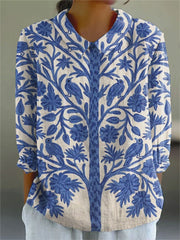 Women's Vintage Floral Art Print Casual Cotton And Linen 3/4 Sleeve Shirt