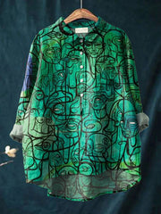 Vintage Abstract Figure Illustration Art Print Casual Cotton And Linen Shirt
