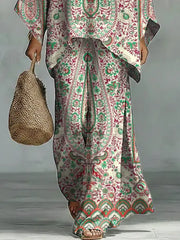 Women's Vintage Ethnic Floral Art Comfortable Loose Cotton Linen Wide-leg Pants Two-piece Set