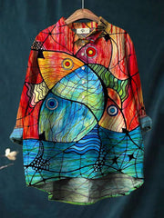 Colorful Watercolor Fish Print Cotton And Linen Shirt