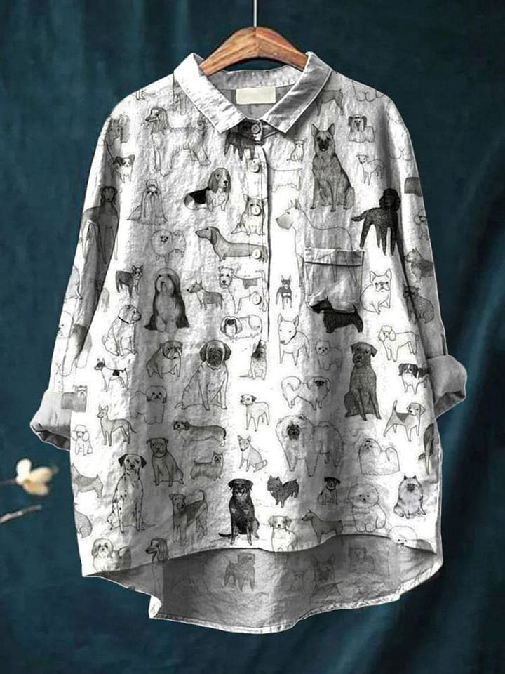 Vintage Lovely Dogs Art Print Casual Cotton And Linen Shirt