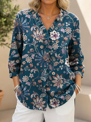 Women's Vintage Flowers Print Casual Ruffled Denim Shirt