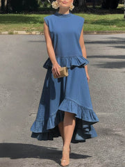 Women's Stand-up Collar Sleeveless Casual Loose Denim Top And High-waisted Casual Loose A-line Skirt Denim Set
