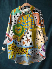 Women's Design Sense Spotted Cat Print Casual Cotton And Linen Shirt