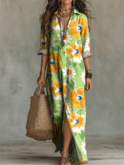 Women's Flower Print Casual Solid-color Linen-cotton Dress