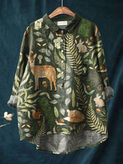 Women's Vintage Lovely Woodland Animals Art Print Casual Cotton And Linen Shirt