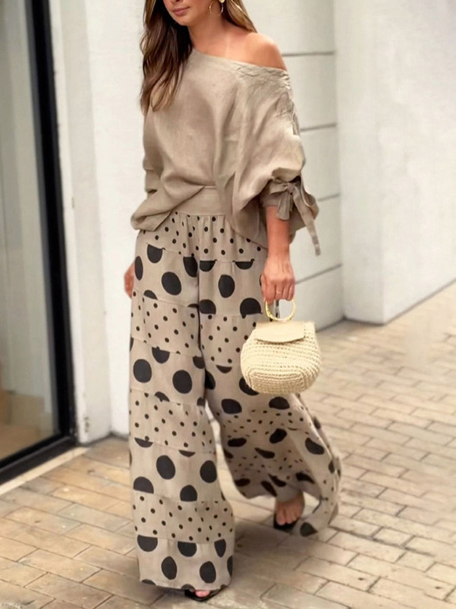 Women's Women Solid Color Round Neck Long Sleeves Casual Loose Tops High Waist Polka Dot Print Casual Loose Wide Leg Pants