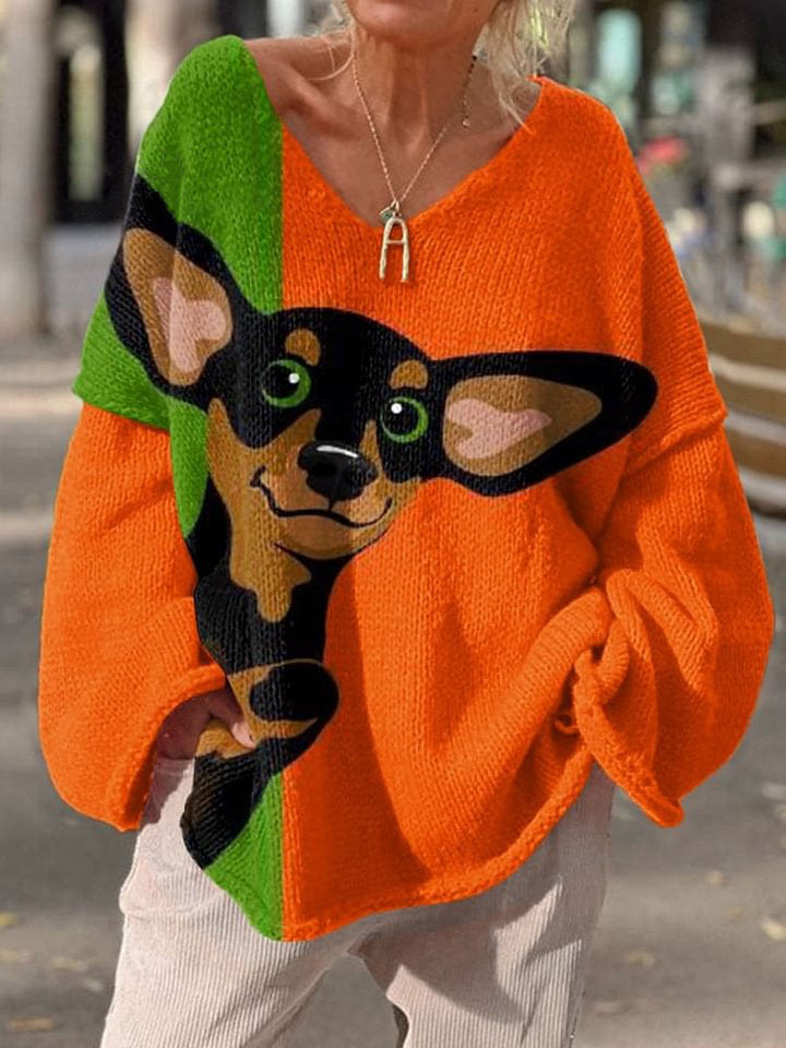 Women's Dog Art Print  Casual Pullover Sweater
